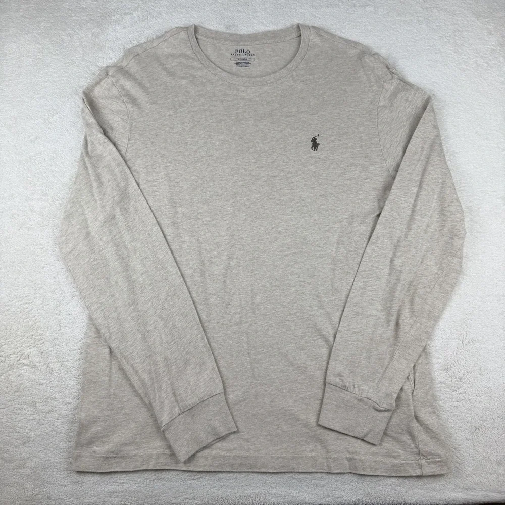 Polo Ralph Lauren Mens Long Sleeve T-Shirt‎ Oatmeal Beige Heather Cotton Pony M